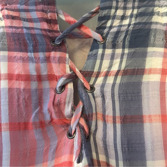 ⭐️Bella Dahl lace-up madras patriotic plaid frayed hem sleeveless dress small - Picture 14 of 14